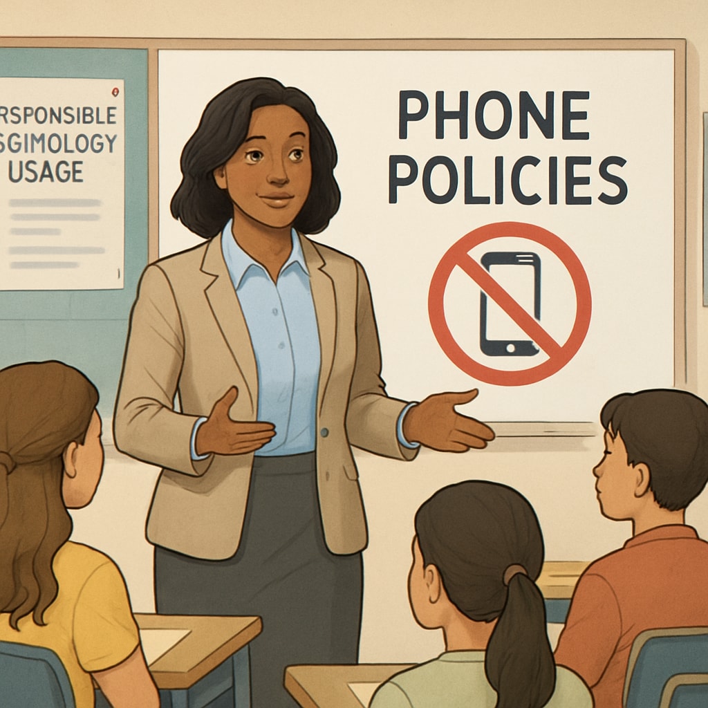A school administrator discussing phone policies with students, emphasizing responsible technology usage. School administrator addressing responsible phone use in education.