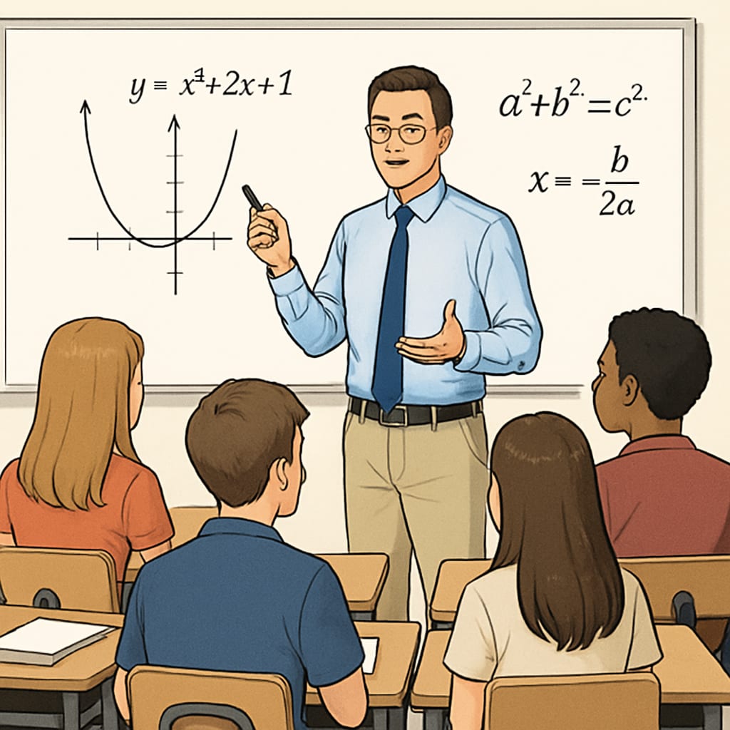 A classroom with high school students and a teacher explaining math concepts on a whiteboard. High school math teaching with students and educator discussing concepts.