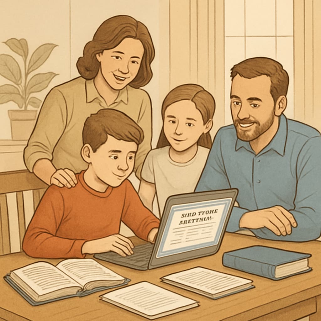 A family working together at a dining table, with a student completing an online school assignment. Online public schools, family discussing educational assignments at home.