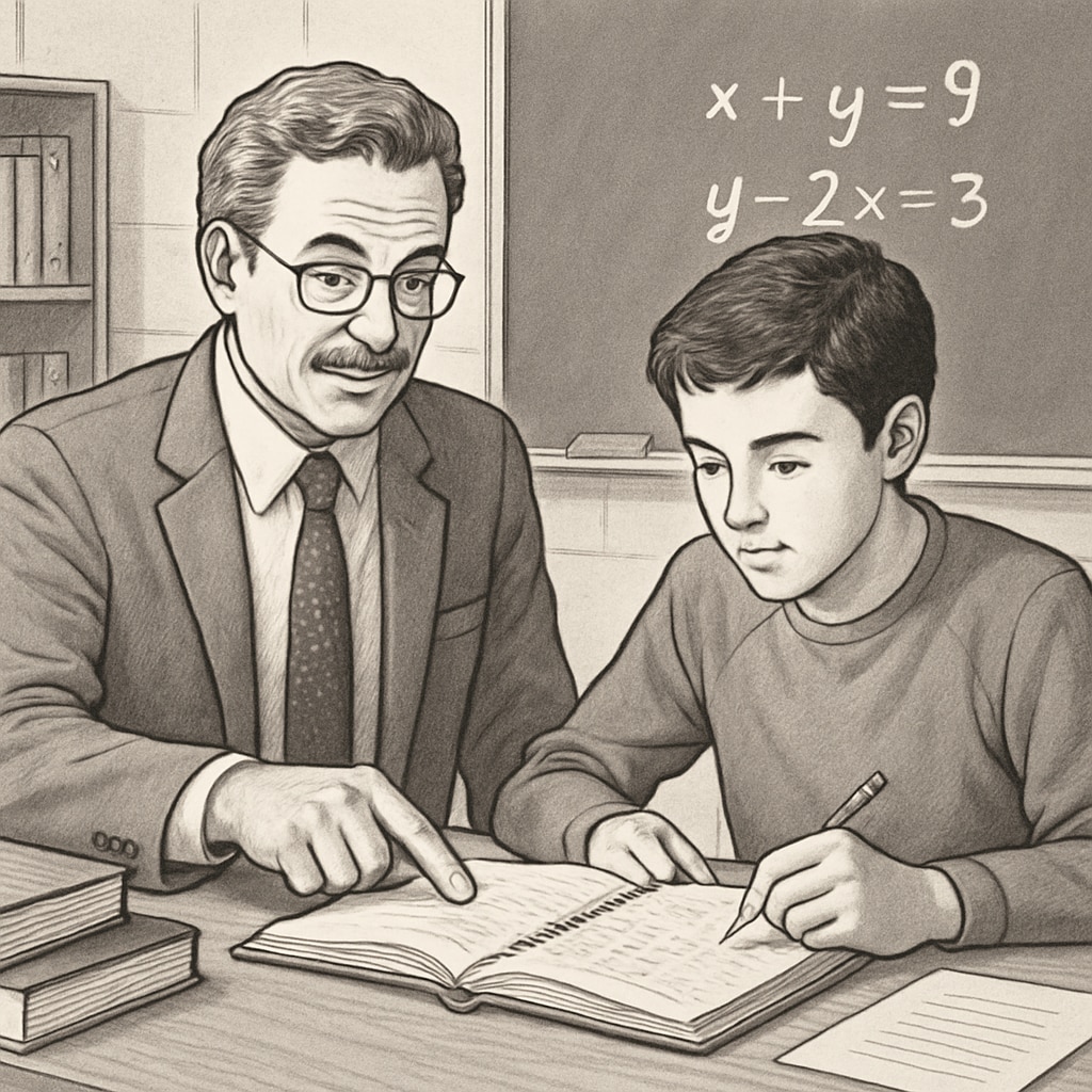 A teacher working one-on-one with a high school student on math problems at a desk. Individualized math support for high school students.