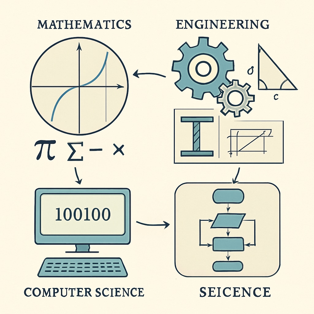 A graphic showing interconnected STEM fields, such as math, engineering, and computer science. Interconnected STEM fields graphic, showcasing math-related university majors.