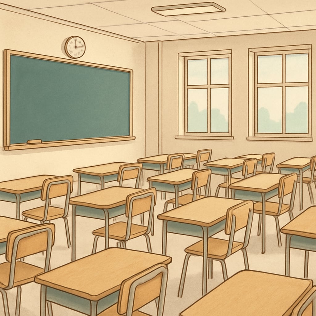 An image showing an empty classroom with rows of desks, symbolizing school closures due to funding cuts. Empty classroom representing school closures from funding cuts.