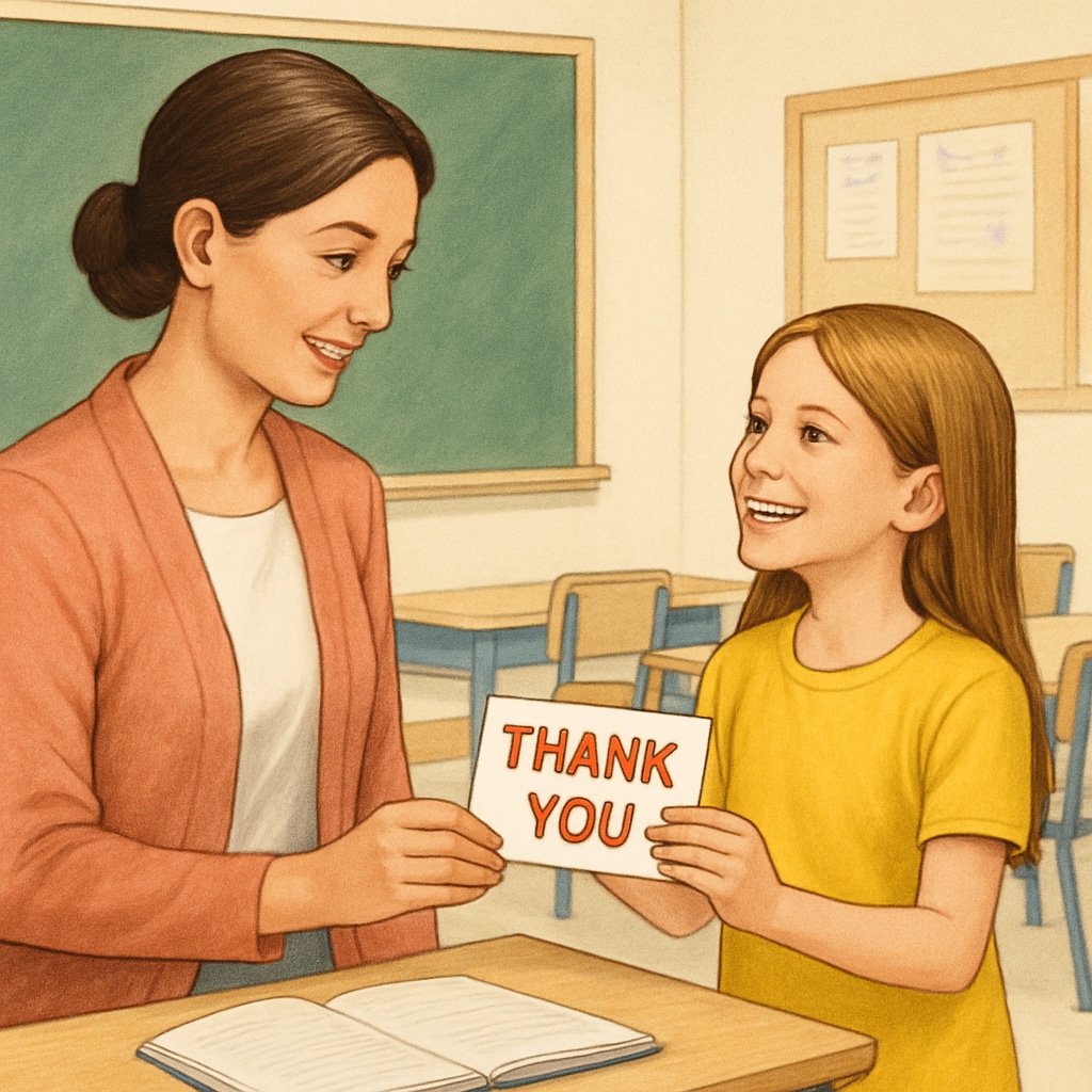 A teacher receiving a thank-you card from a smiling student in a classroom setting. Student gratitude teacher impact classroom interaction.