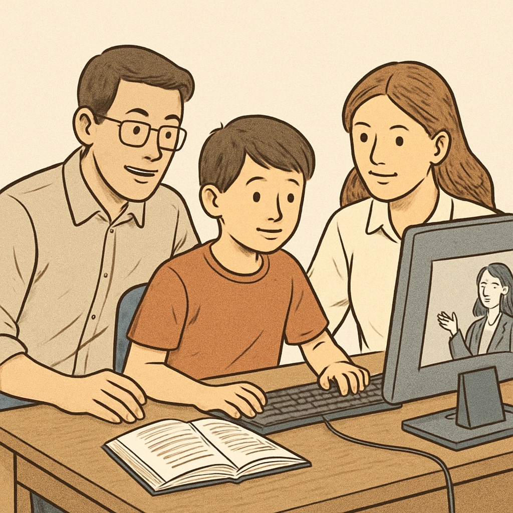 A family gathered around a computer, with parents helping their child navigate an online class. The image highlights the flexibility of online public education. Parents assisting their child with an online public education class.