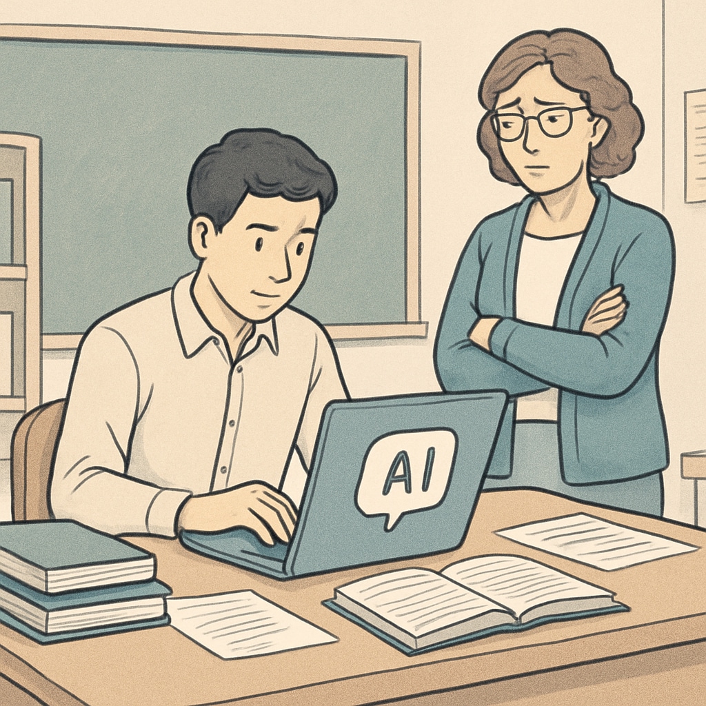 A student completing homework with an AI tool while a teacher appears concerned about academic integrity.