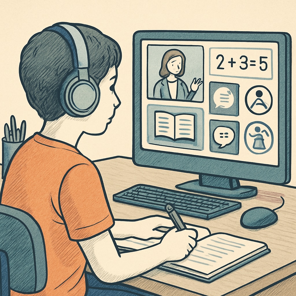 A student with headphones participating in an online class, with accessible tools displayed on the computer screen. This illustrates how online platforms support diverse learning needs. A student using accessibility tools during an online public education session.