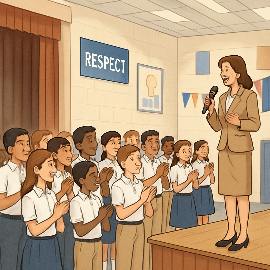 A group of students applauding a teacher during a school assembly. Teacher impact student gratitude interaction during school event.