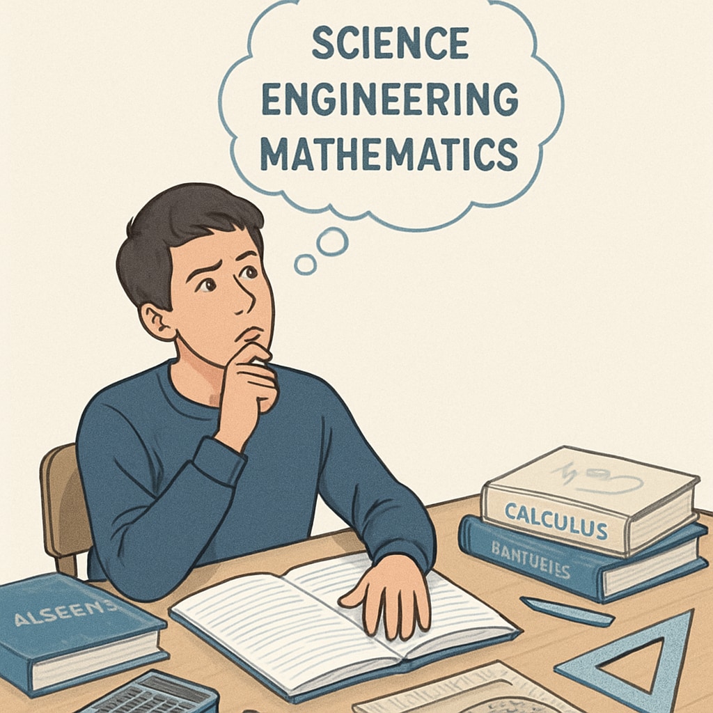 A student pondering career options while surrounded by math-related textbooks and tools. A high school student surrounded by math books, contemplating professional choices in mathematics sciences and career planning.