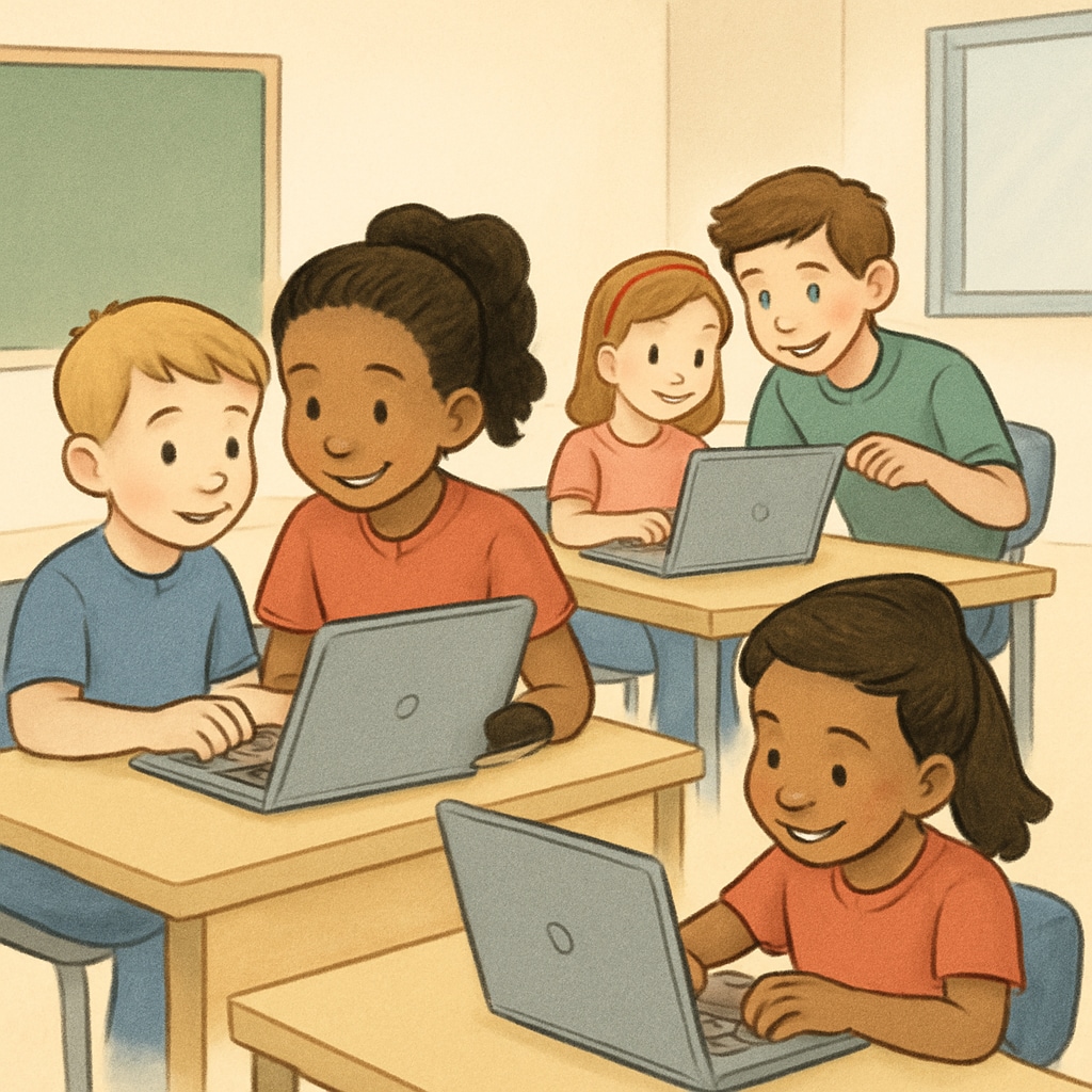 A photo showing kindergarten and fourth-grade students working together on computers in a classroom setting. Kindergarten and fourth-grade students collaborating on computer-based activities in a classroom.