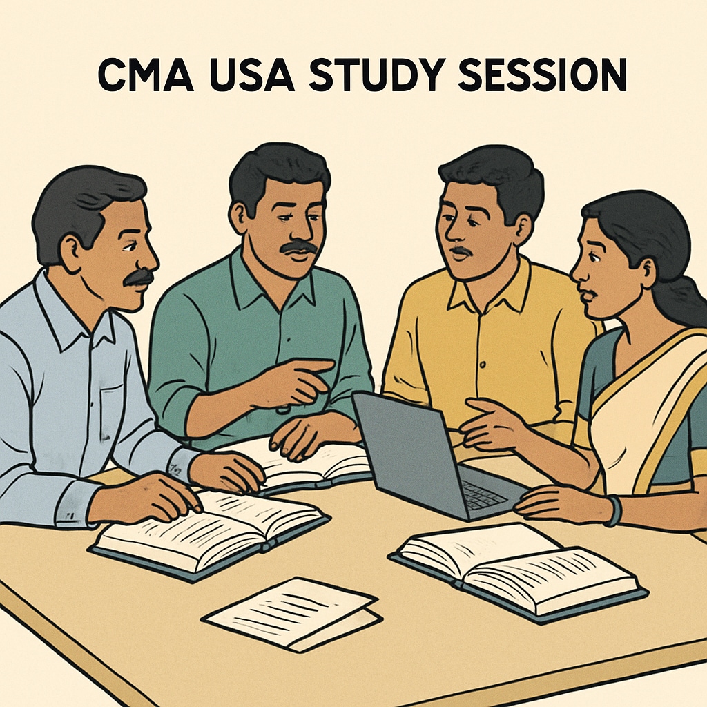 A group of professionals in Kerala engaged in a study session discussing CMA USA concepts. They are seated around a table with books and laptops open, emphasizing collaboration. CMA USA aspirants in Kerala collaborating during a study session.