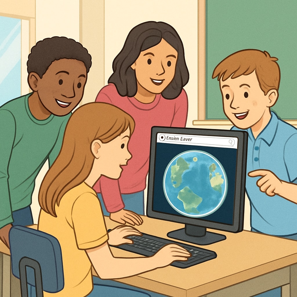 A group of students navigating Google Earth together, showcasing teamwork in a classroom environment. Students using Google Earth in a cross-age learning activity focused on digital exploration.