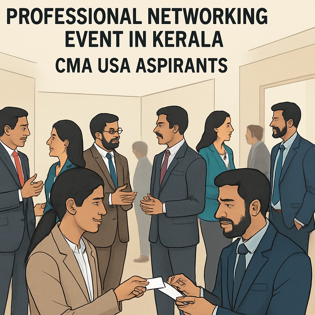 A professional networking event in Kerala, with CMA USA aspirants exchanging ideas and building connections. The image features individuals in formal attire, engaged in discussions and exchanging business cards. CMA USA aspirants networking in Kerala at a professional event.