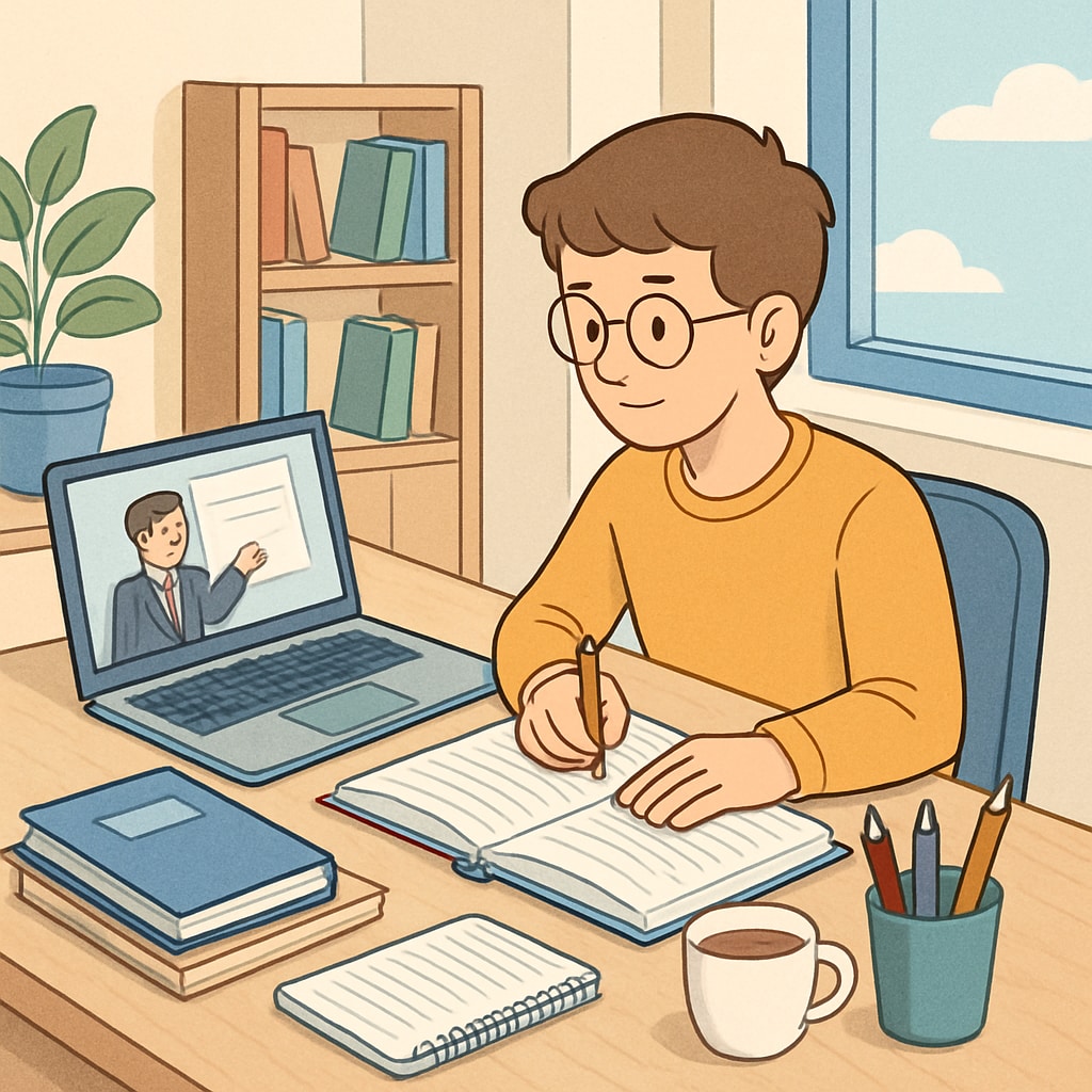 Student studying online with a laptop and books, showcasing flexibility in high school education.