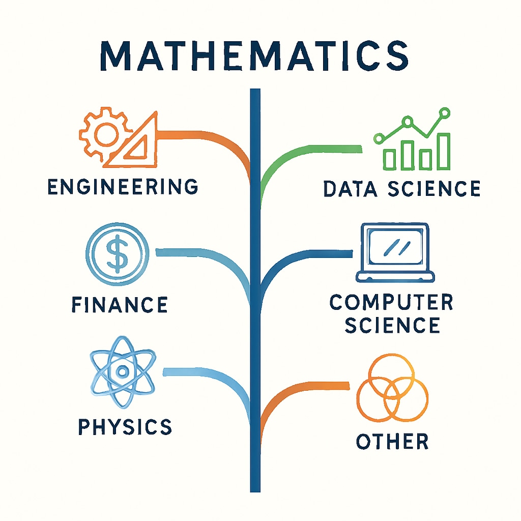 A graph showing diverse career paths stemming from mathematics, including engineering, data science, and more. A chart illustrating potential career paths for students interested in mathematics sciences and career planning.