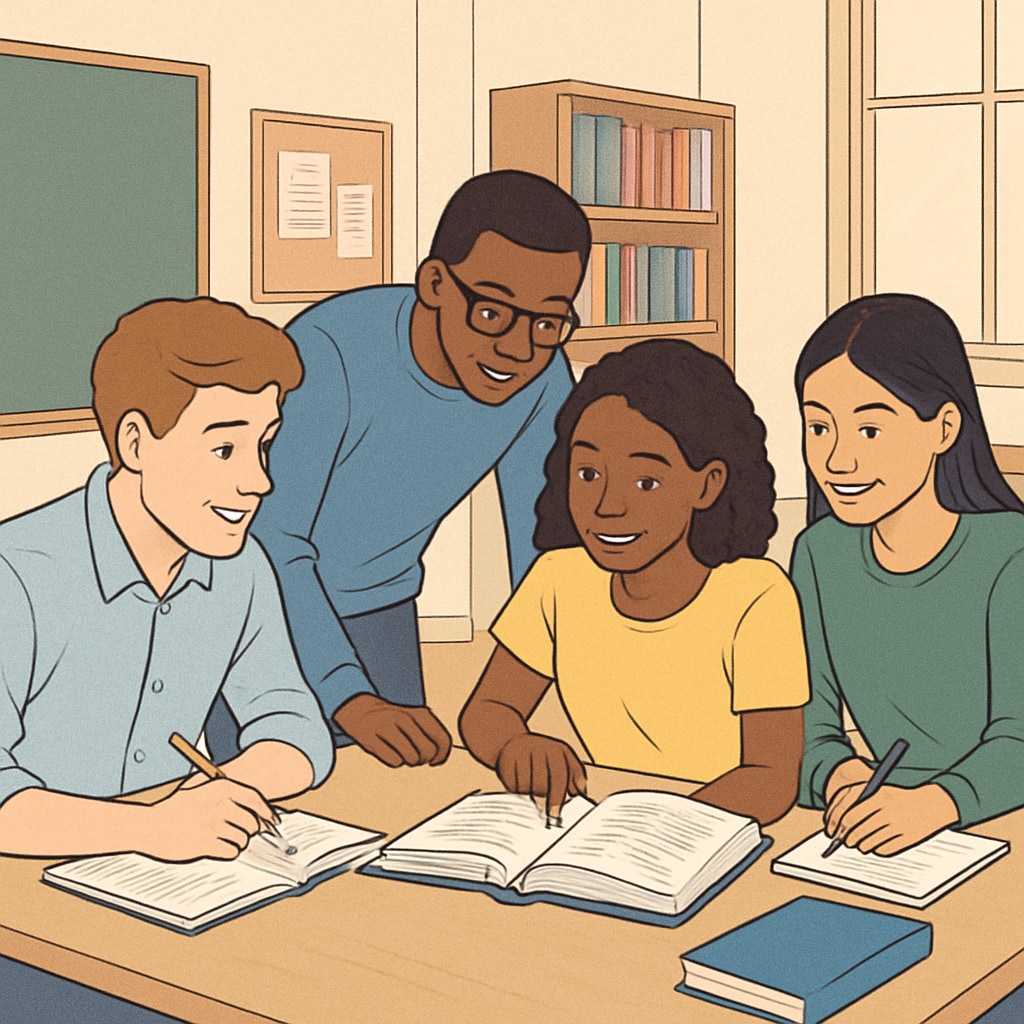 A group of diverse students studying together in a classroom setting, showcasing collaboration and active learning. Students collaborating on learning methods in a classroom setting.