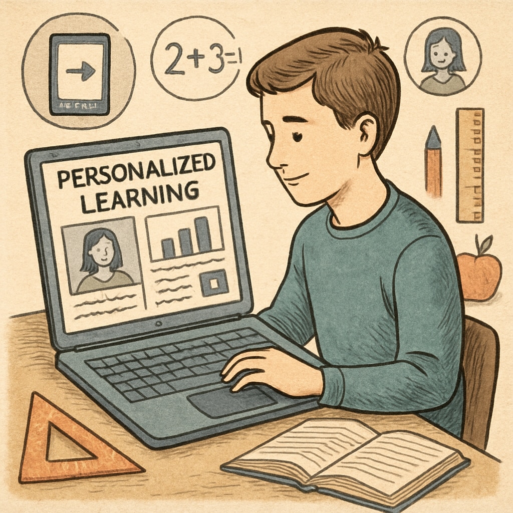 A student engaging in personalized learning through an online platform, with a laptop and interactive tools. Student using a laptop for personalized learning in a public online school.