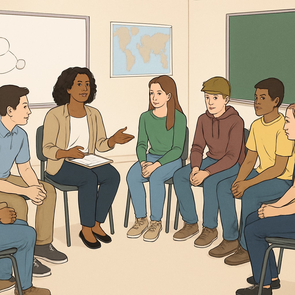 Restorative practices for school bullying solutions shown through group sessions.
