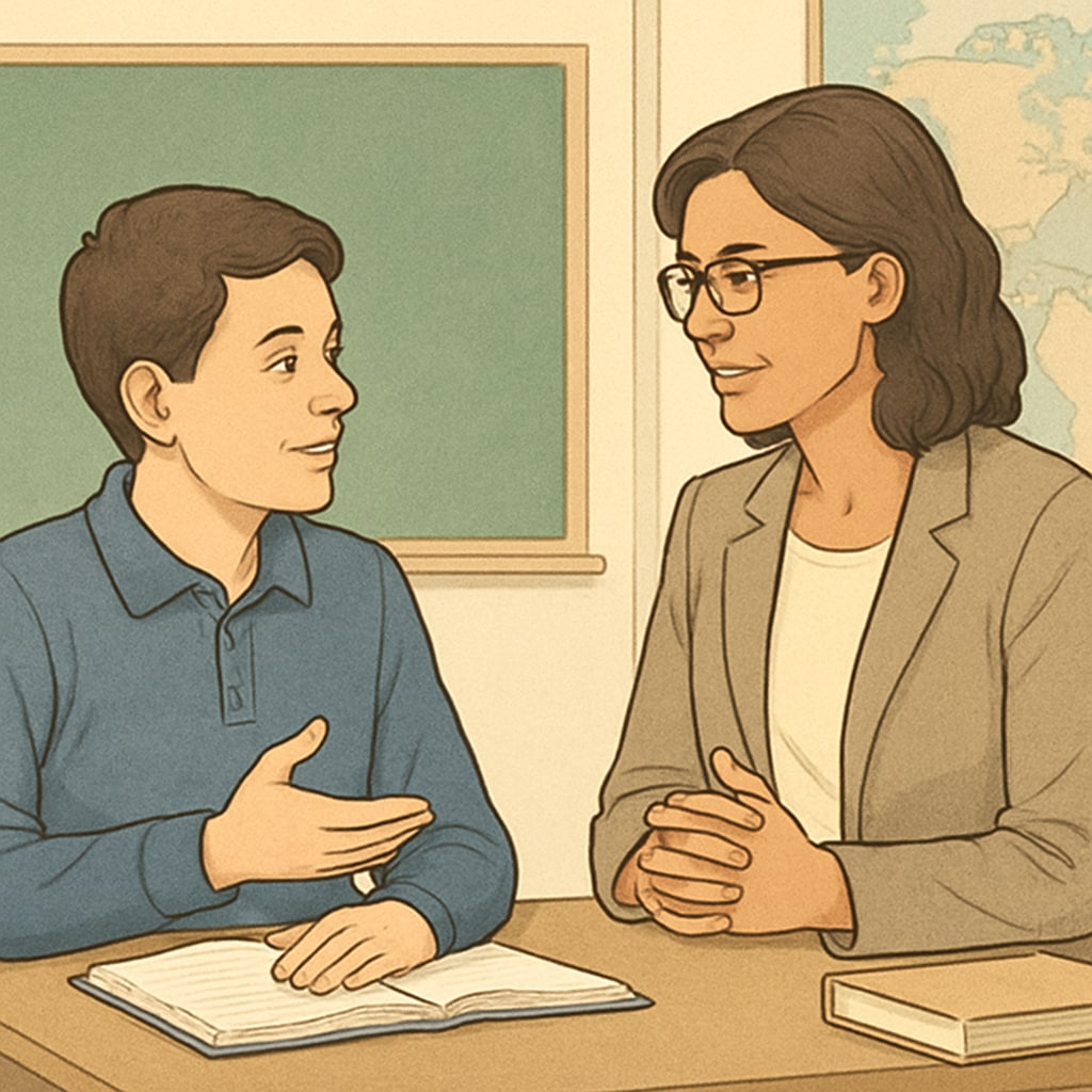 A student and teacher in dialogue, representing respect and understanding in the classroom.