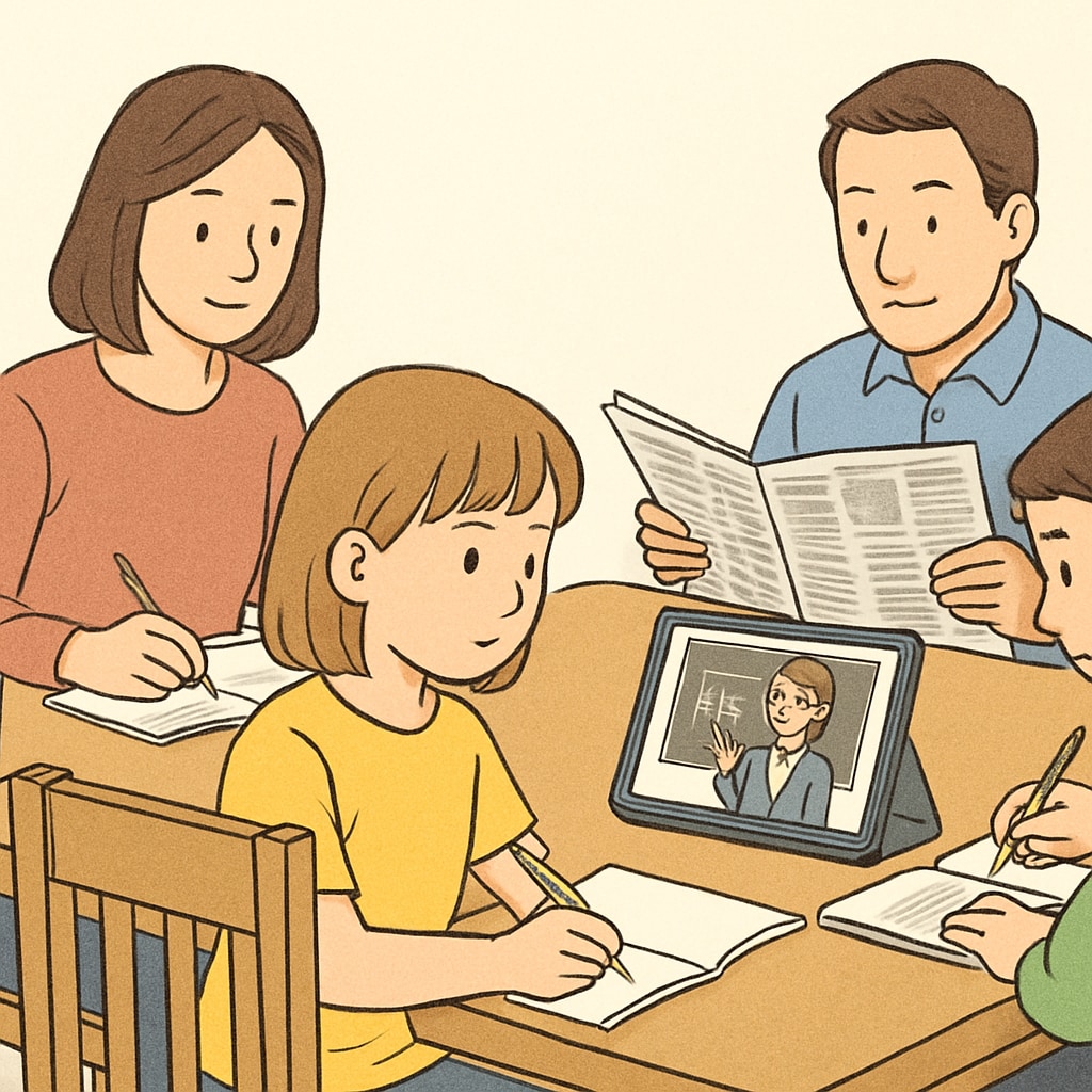 A family working together at a dining table, with a child attending an online class on a tablet. Family supporting their child during an online class at a public online school.