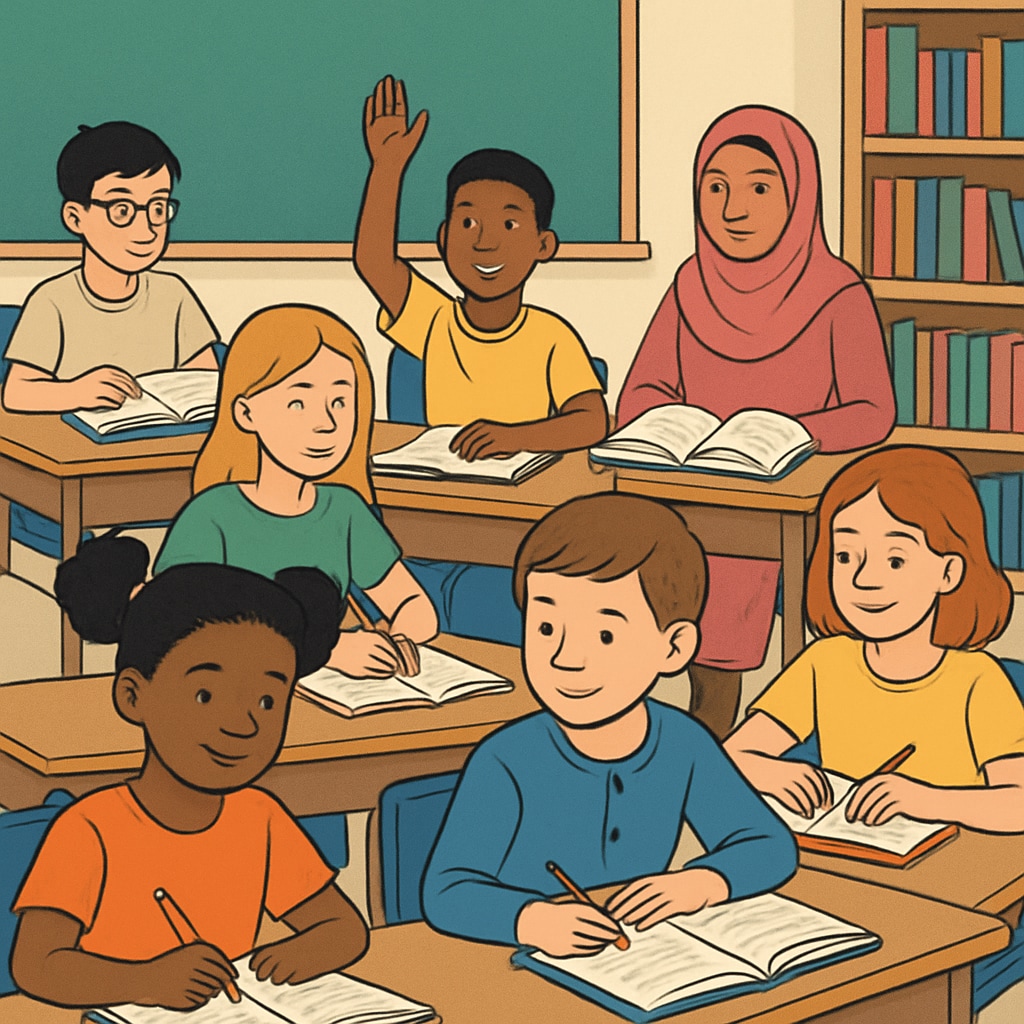 A classroom setting with diverse students, symbolizing inclusivity and gender equality. A classroom with diverse students promoting gender inclusivity.