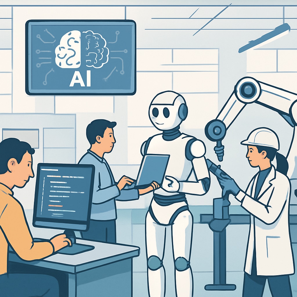 A futuristic image depicting AI-driven industries, with programmers coding algorithms and engineers working on advanced machines. AI-driven industries showing programmers and engineers collaborating in the future.
