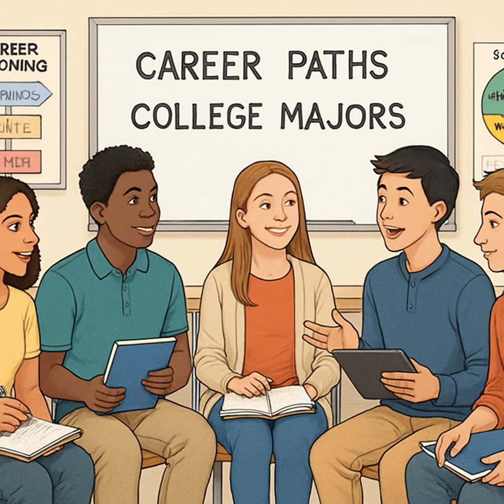 High school students discussing college major selection and career paths.