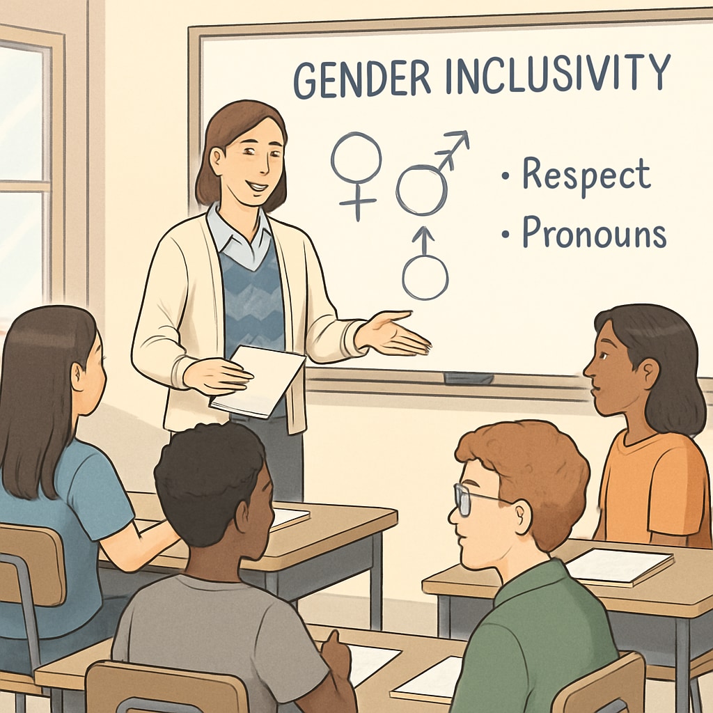 A teacher conducting a workshop on gender inclusivity with students. A teacher leading a workshop on gender inclusivity in schools.