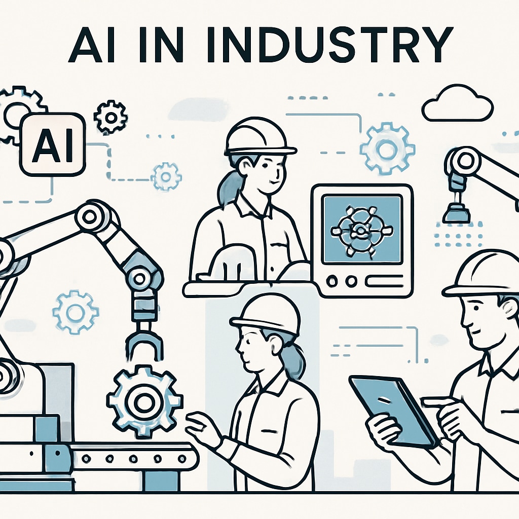 A visual representation of AI integration in industries, showcasing robotic arms, automated systems, and human workers collaborating with AI technologies. AI integration in industries with robots and human workers collaborating.