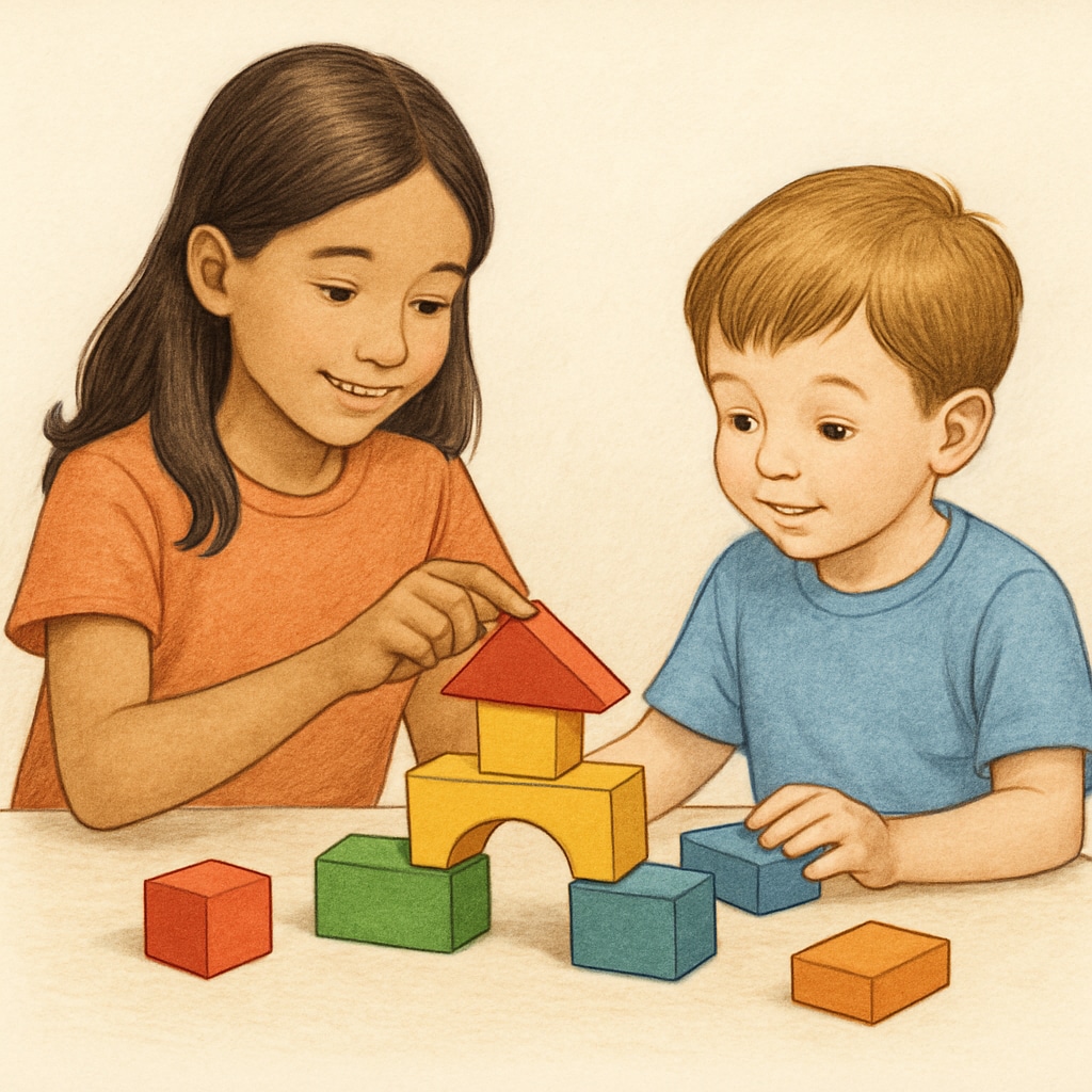 Fourth grader and kindergartener collaborating on a building activity.