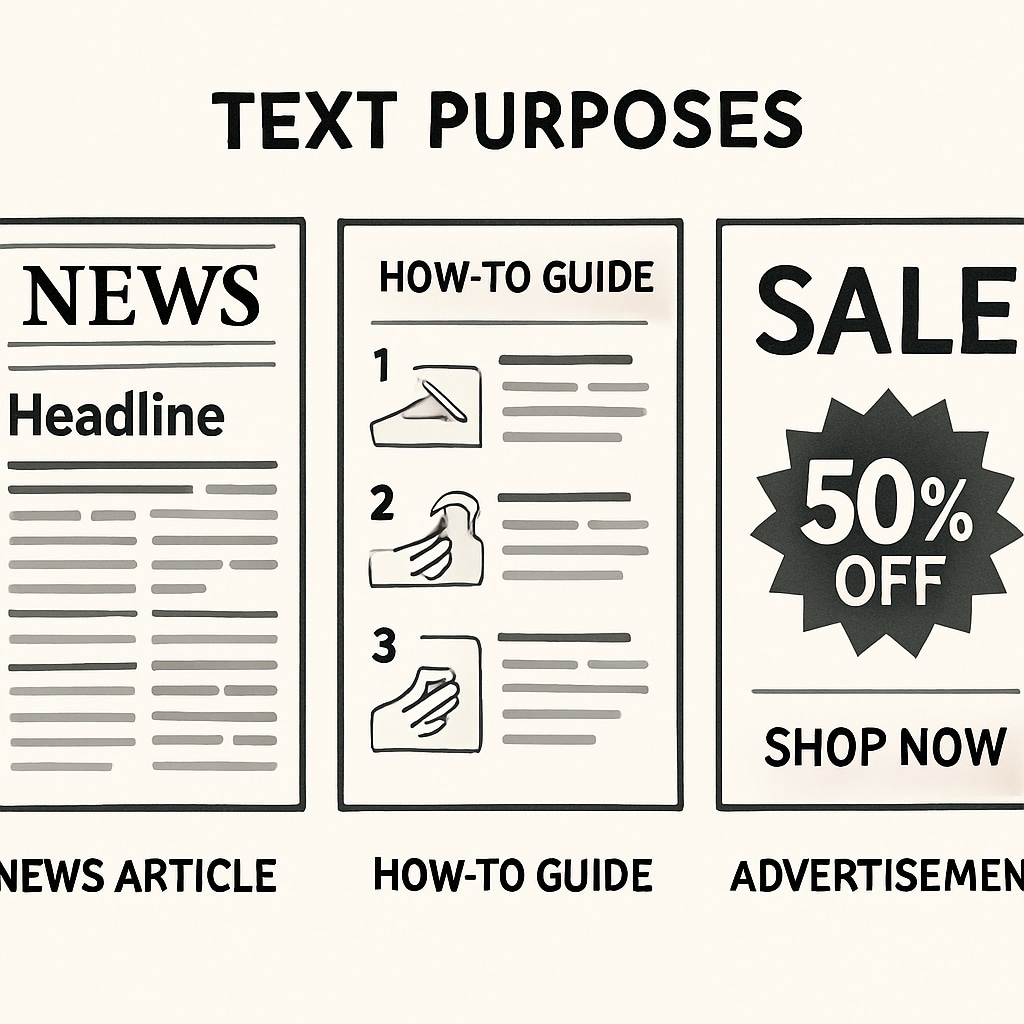 A visual representation of text purposes, showing examples like a news article, a how-to guide, and an advertisement. Examples of text purposes in Functional Skills English reading exams.