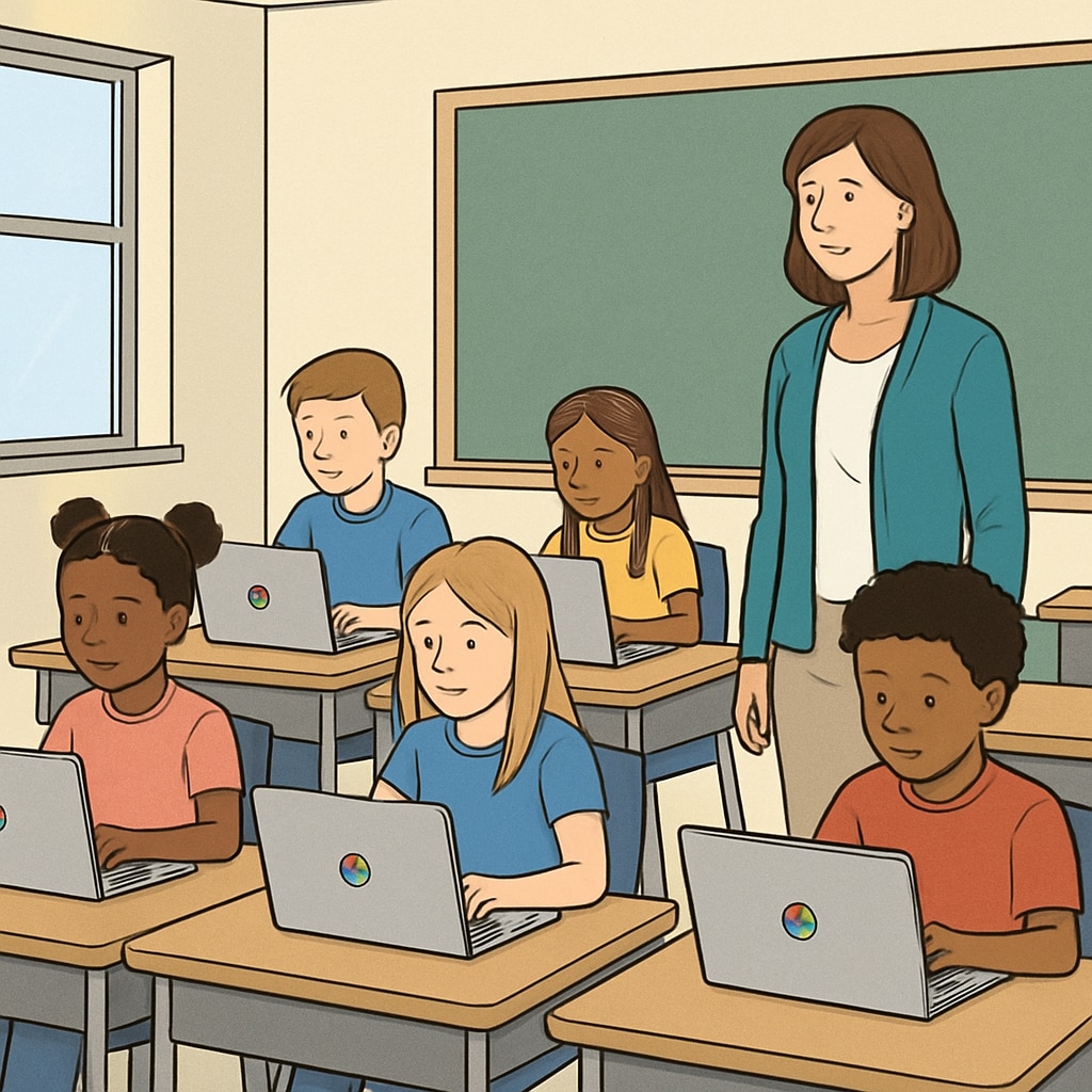 A classroom filled with students using Chromebooks while a teacher supervises, illustrating the role of technology in modern education. Students using Chromebooks in a classroom, representing education technology and efficiency.