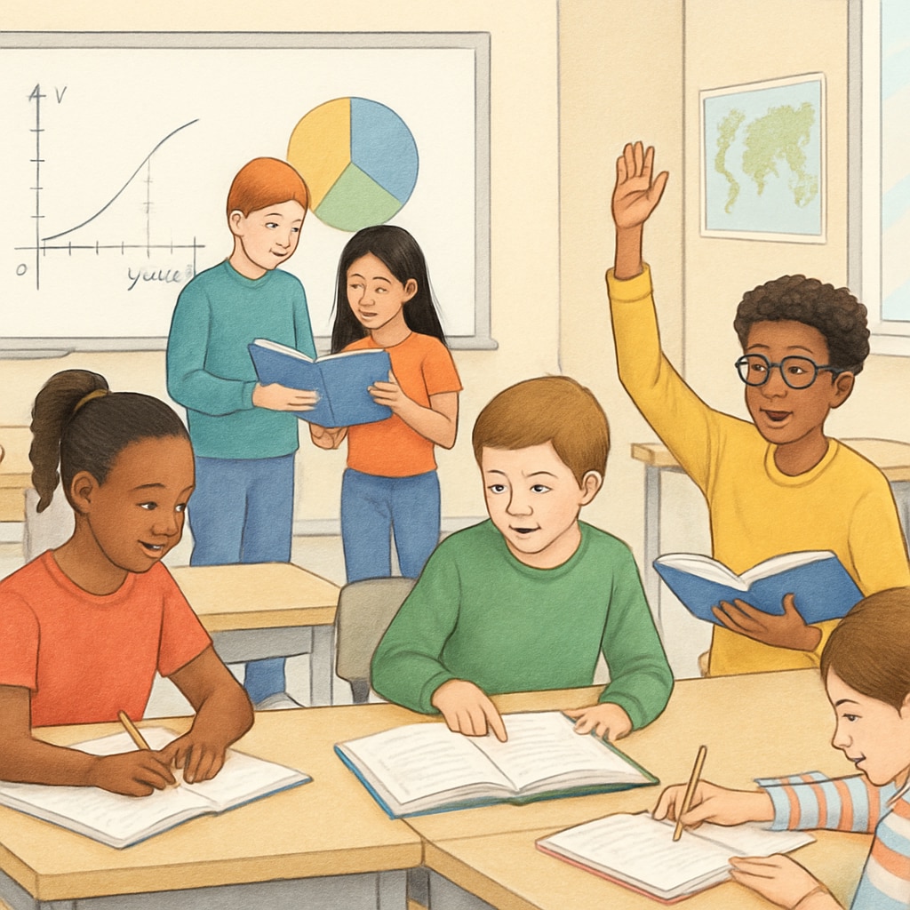 A group of diverse students actively engaged in learning activities in a modern classroom setting. Students participating in interactive learning activities related to the research survey, learning methods, questionnaire.