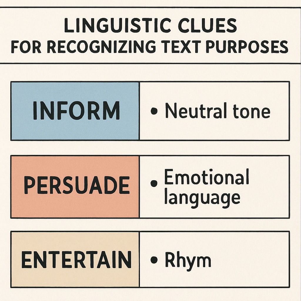 A chart detailing linguistic clues for recognizing text purposes, such as neutral tone for informing and emotional language for persuading. Linguistic clues for identifying text purposes in English reading exams.