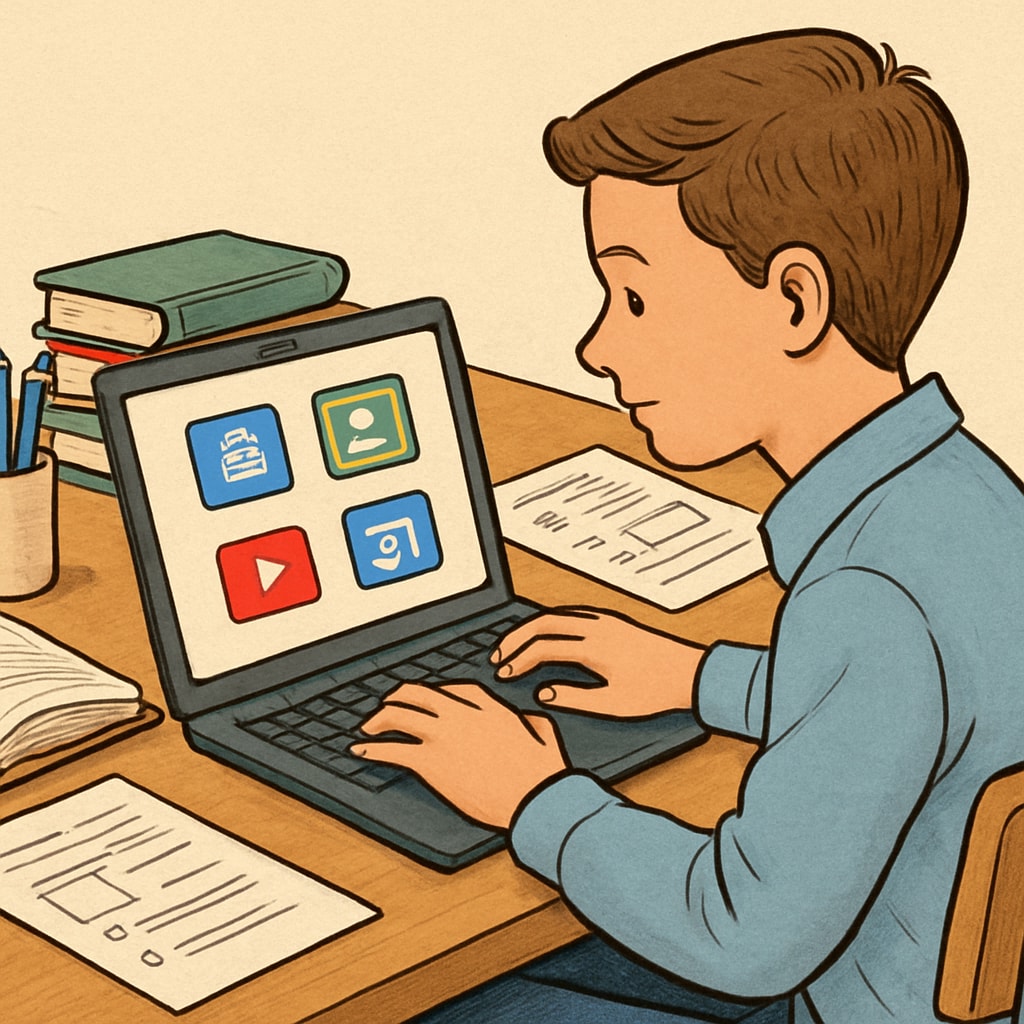 A student typing on a Chromebook with educational apps on the screen, highlighting the efficiency of digital tools in learning. Student typing on a Chromebook with educational apps, showcasing tech's role in learning.