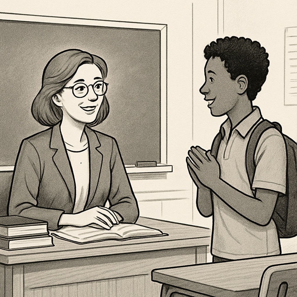 A teacher listening intently to a student expressing gratitude after class. A teacher receiving heartfelt appreciation from a student in a classroom setting.