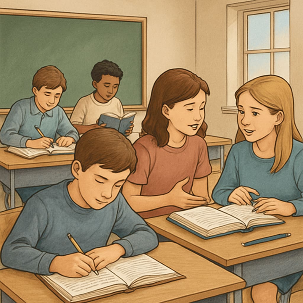A classroom with students engaged in traditional learning activities, without mobile phones. This image visually represents the impact of mobile phone bans on student focus and interaction. Students in a classroom without mobile phones, engaging in traditional learning activities.