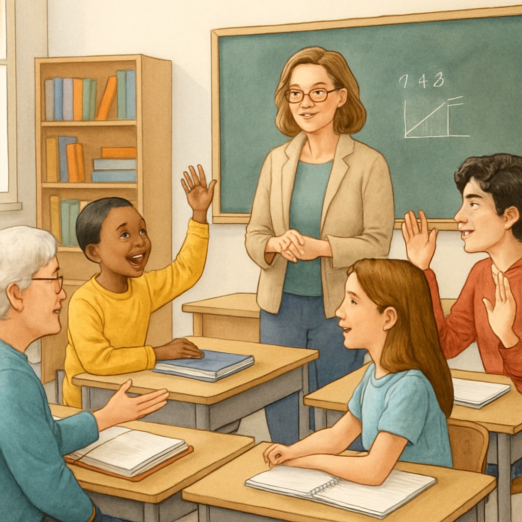 A diverse classroom where students are actively engaged in discussion, with a teacher listening attentively. A teacher fostering an engaging and respectful classroom environment with students.