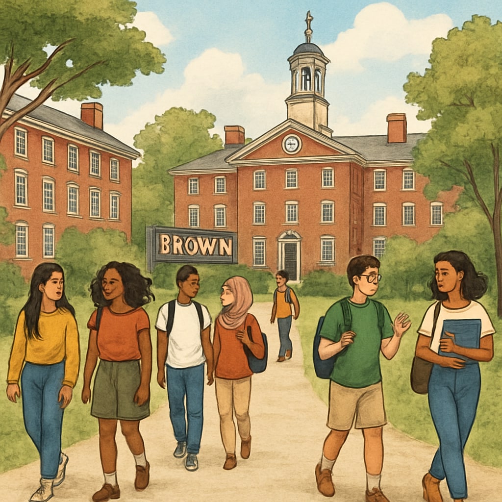 A photo of Brown University campus with students walking, symbolizing diversity and inclusion. Brown University campus with students walking, representing diversity and inclusion.