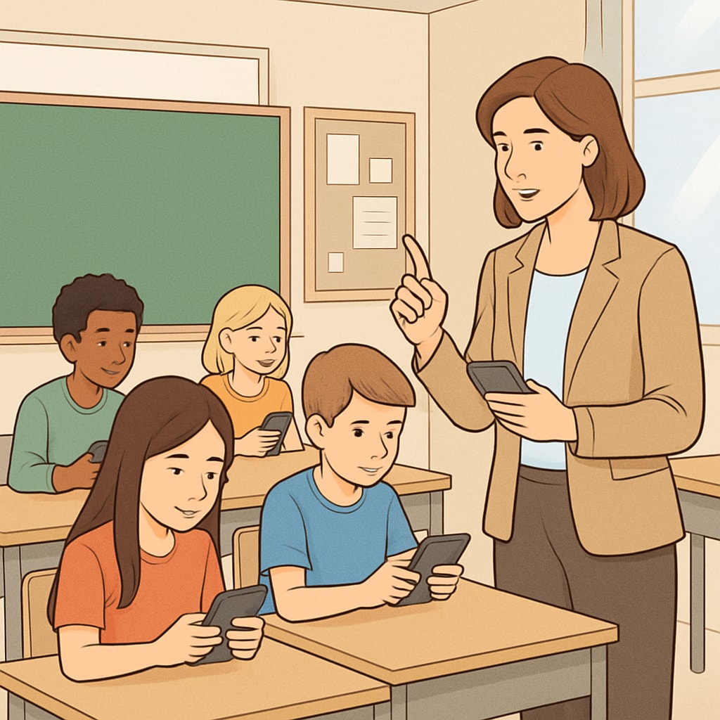 A teacher guiding students to use their smartphones for an educational activity in a classroom. This image highlights the potential of integrating technology into education responsibly. A teacher supervising students using smartphones for an educational activity in class.