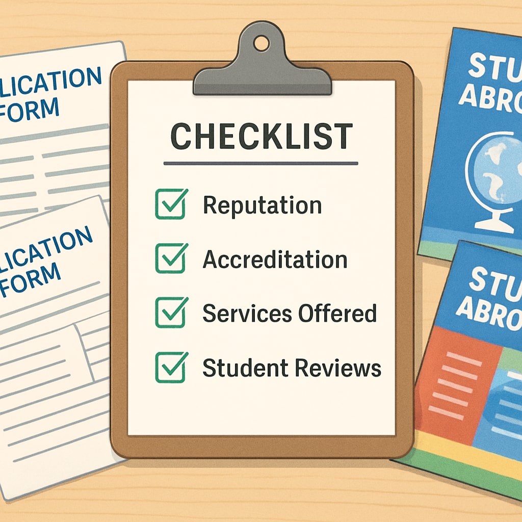 A checklist on a desk that includes criteria for selecting a study abroad agency, surrounded by application forms and brochures. Guide to evaluating study abroad agencies for U.S. master's degree applications.