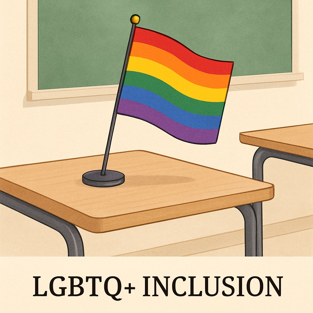 A symbolic image of a rainbow flag on a university desk, representing LGBTQ+ inclusion. A rainbow flag on a university desk, symbolizing LGBTQ+ inclusion.
