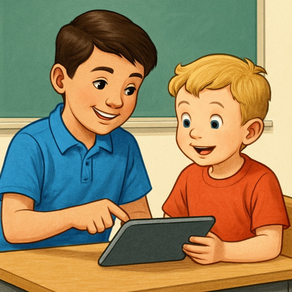 A fourth-grade student teaching a kindergartener how to use a tablet, both smiling and engaged. A fourth-grade student teaching computer skills to a kindergartener during a partner activity.