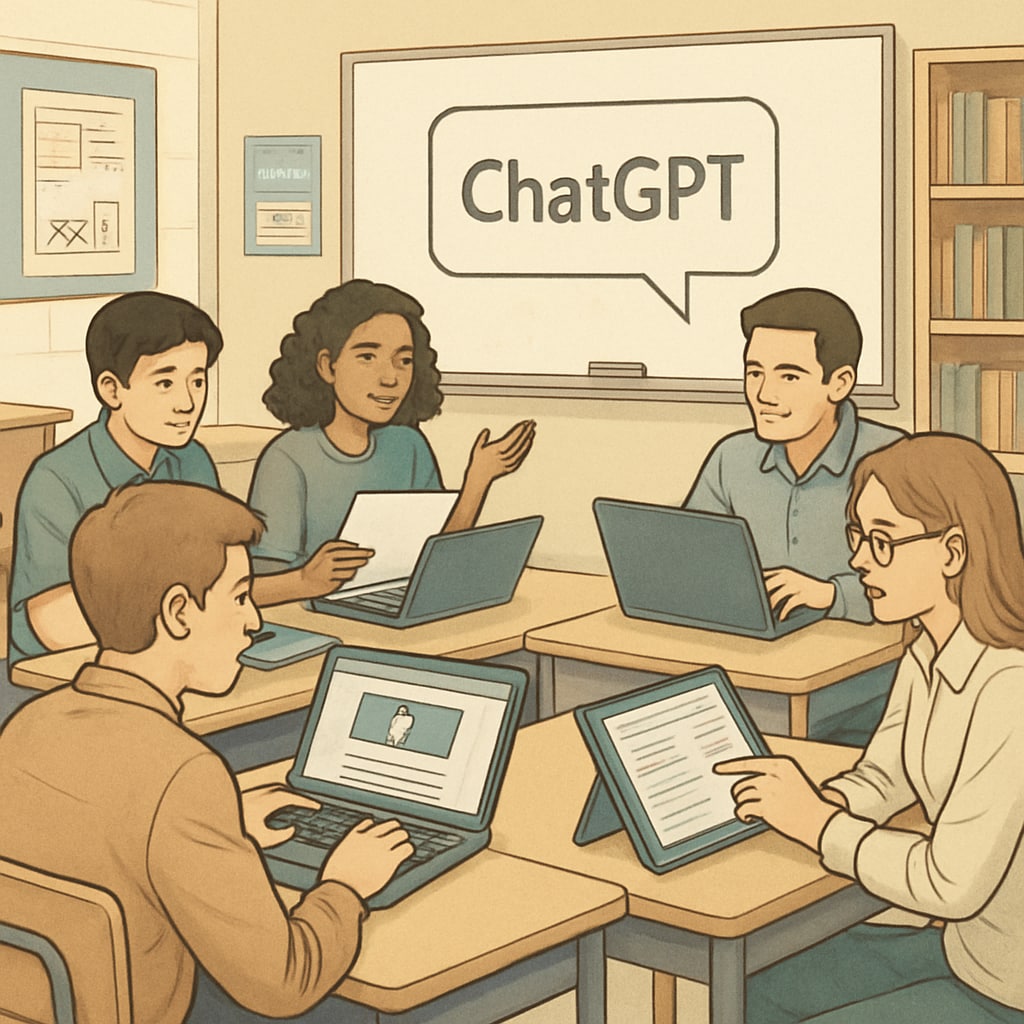 Students analyzing digital media with AI tools like ChatGPT in a classroom.