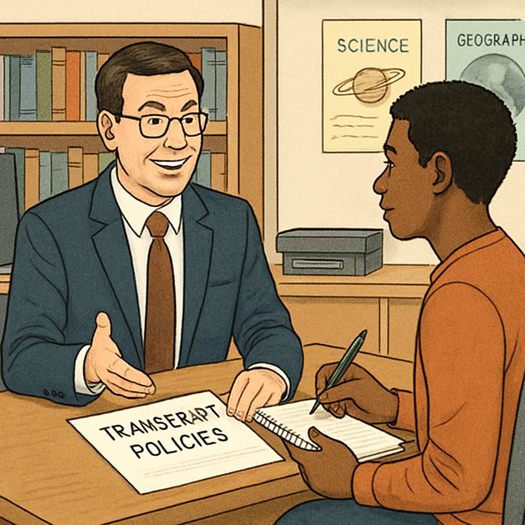 A school administrator explaining transcript policies to a student. School administrator discussing transcript access policies with a student.
