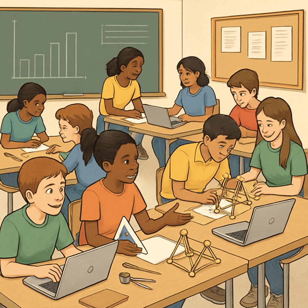 Classroom group project with Chromebooks as supplementary resources.