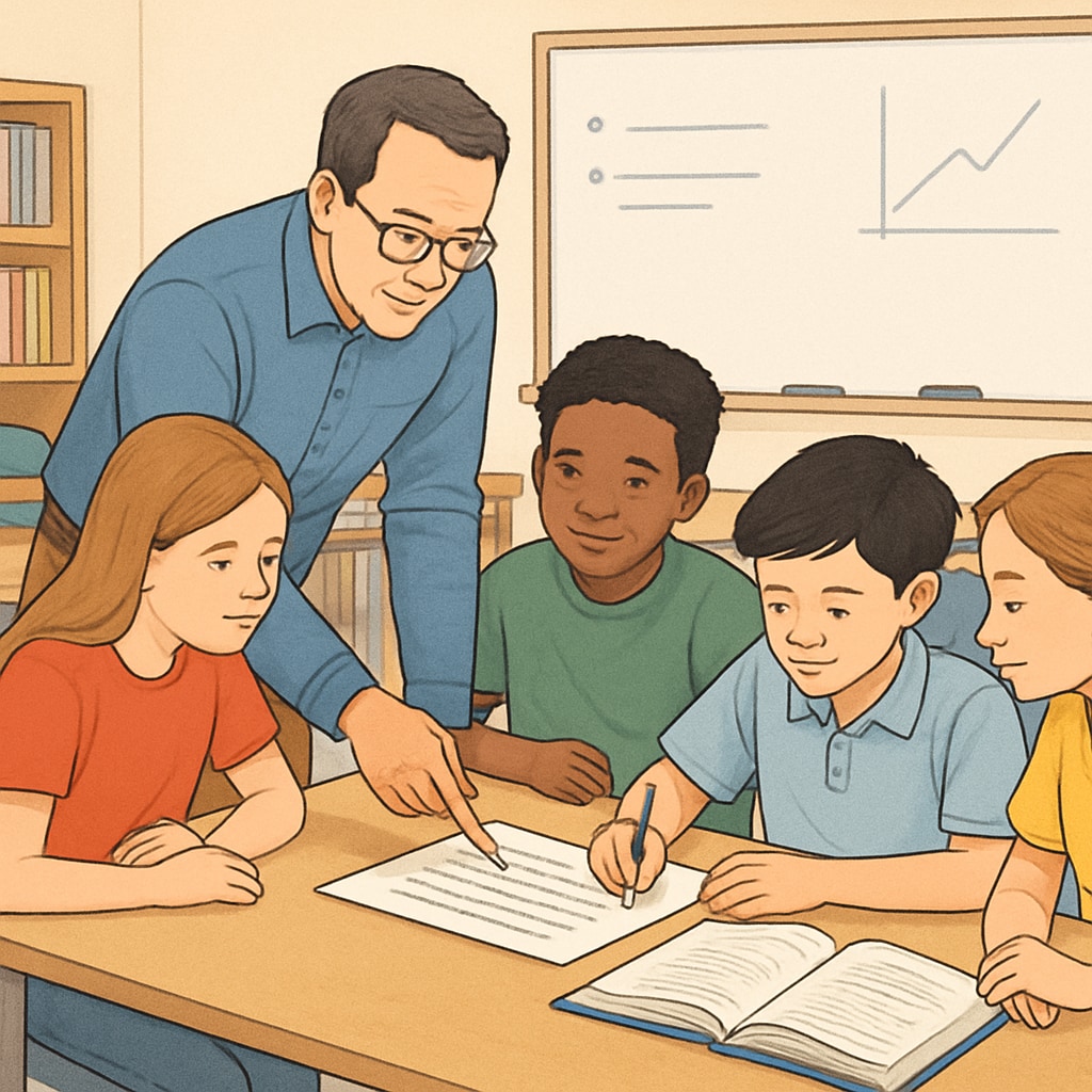 A group of students and a teacher engaging in a collaborative learning activity in a classroom setting. Students and teacher in a classroom discussing effective learning strategies.