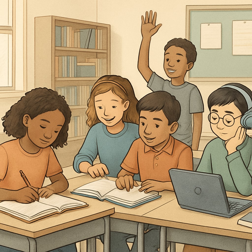 A group of diverse K12 students participating in a classroom activity, representing various learning styles. K12 students engaging in collaborative classroom activity, illustrating learning methods.
