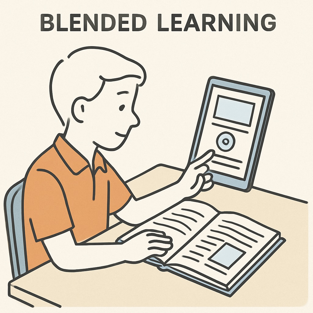 A student using a tablet and textbook simultaneously, illustrating blended learning methods. Student combining digital tools with traditional study materials for effective learning.