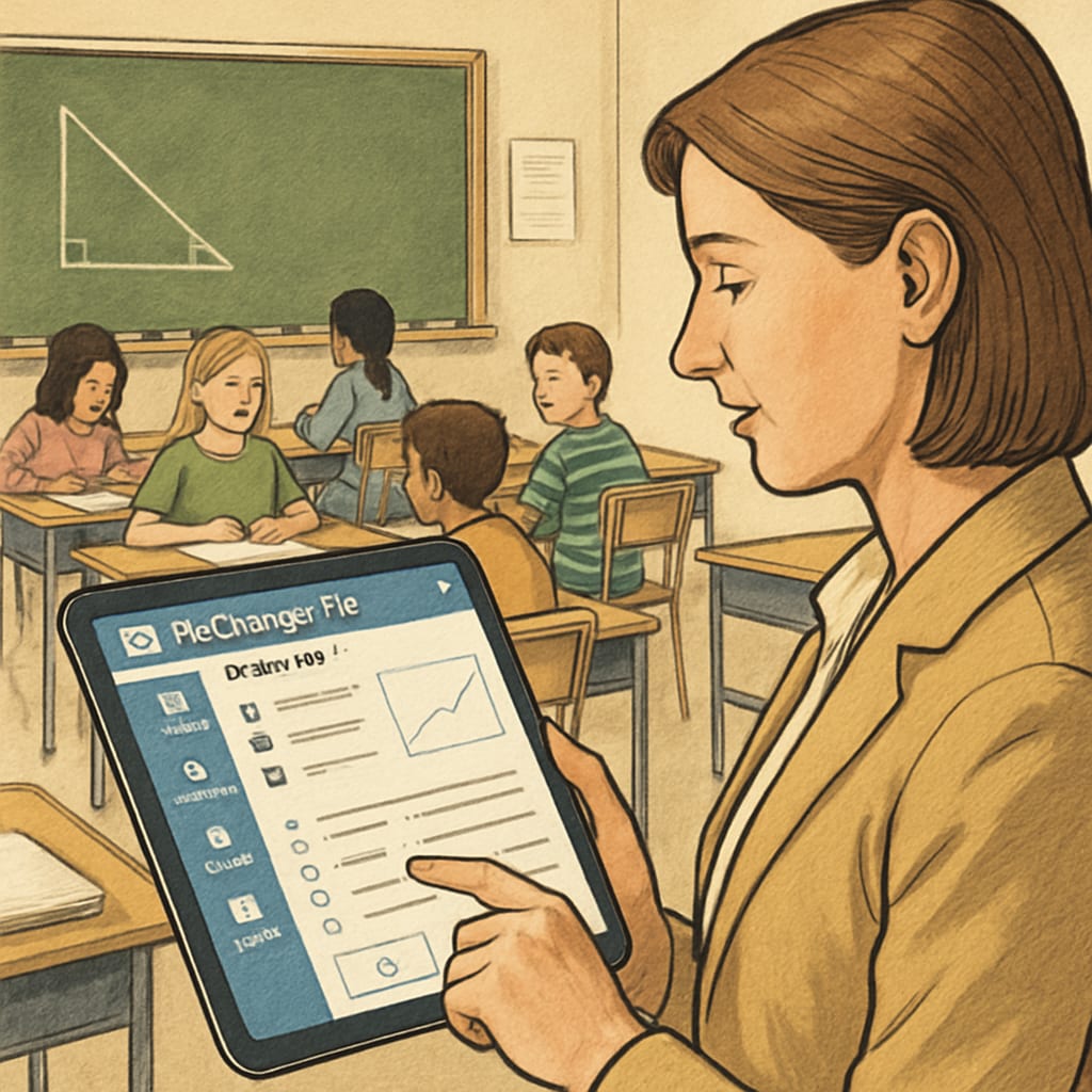 A teacher using EdChanger Pro on a tablet during a lesson, showcasing its user-friendly interface. Teacher utilizing EdChanger Pro education app on a tablet during class.