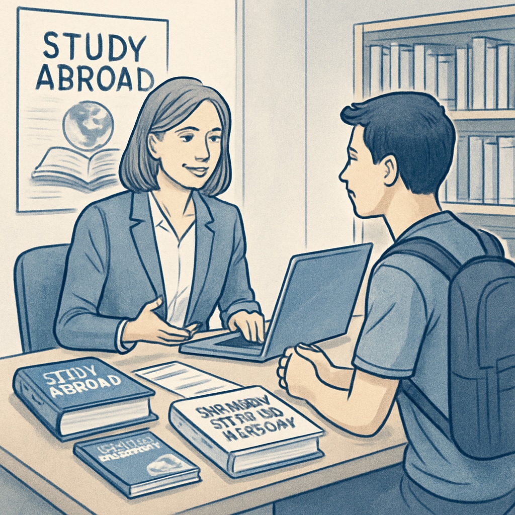 A professional consultant discussing study abroad options with a student in an office setting, emphasizing the importance of choosing the right agency. Study abroad consultant with a student discussing US master's programs.